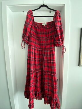 JessaKae Red Plaid Puff Sleeve Midi Dress